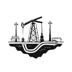 Oil field equipment floating on a small island in black and white showing pumping, extraction, and production
