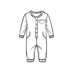 Black and white line drawing of a baby's sleepsuit with pocket and snap closures