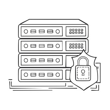 Secure Server Rack Data Protection Cybersecurity Line Art Illustration
