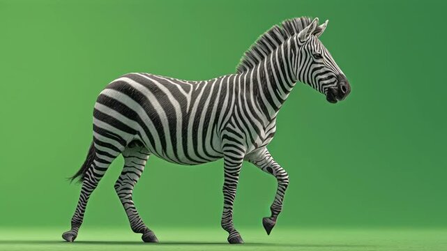A zebra walking across a green background in a studio setting with soft lighting and detail focus green screen animal video
