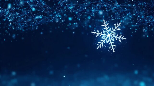 A single, luminous snowflake falls against a dark blue background speckled with bokeh lights and a network of glowing lines