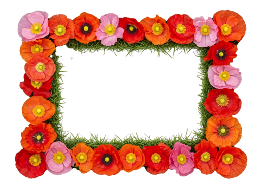 A vibrant rectangular border crafted from lush green grass and an assortment of red, orange, and pink poppy flowers, set against a transparent.