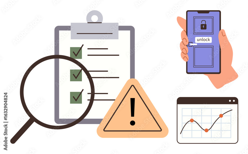 Aufkleber clipboard checklist with magnifying glass, warning triangle, phone unlocking screen, and data graph.