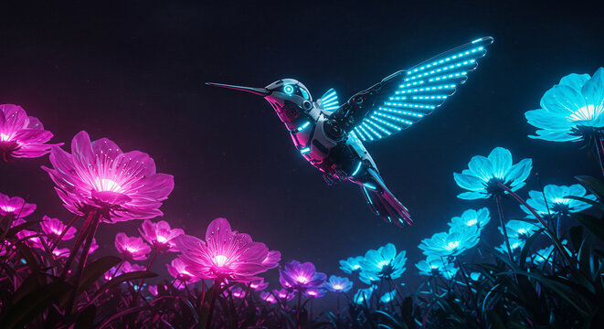 Futuristic robotic hummingbird with neon glowing wings flying above a vibrant field of luminous pink and blue flowers at night. A stunning blend of technology and nature, ideal for AI, sci-fi, or