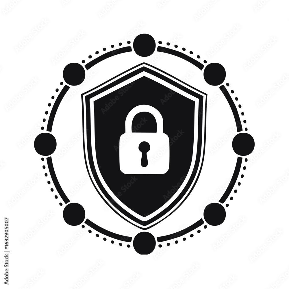 Poster cybersecurity shield with lock icon surrounded by connected data points and dotted circle