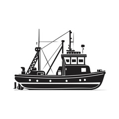 Obraz premium Stylized black and white fishing boat icon commercial trawler vessel vector illustration