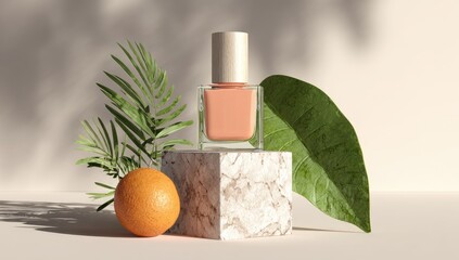 Peach nail polish, marble, leaves, sunlight, studio