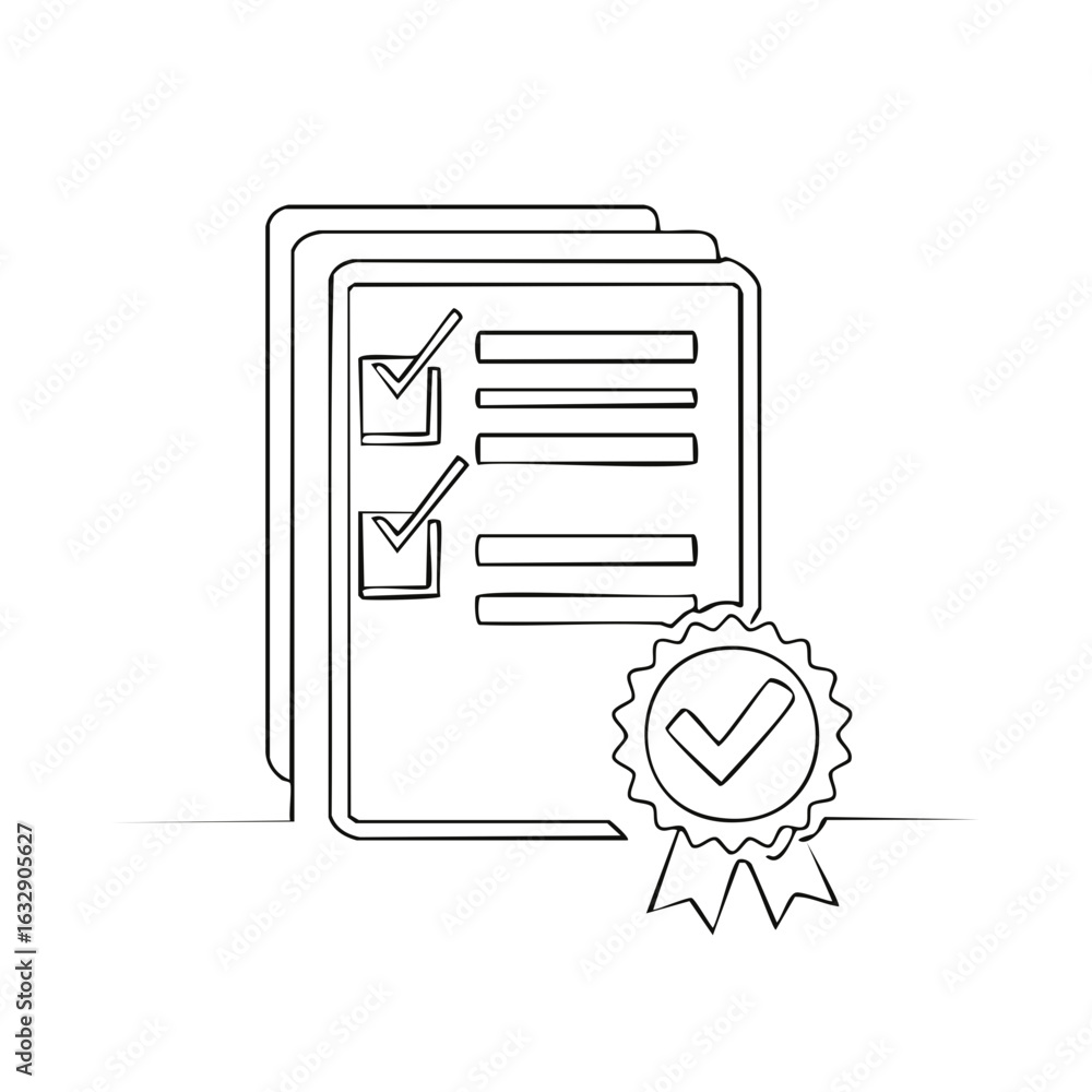 Poster outline drawing of documents checklists and a quality approval ribbon badge