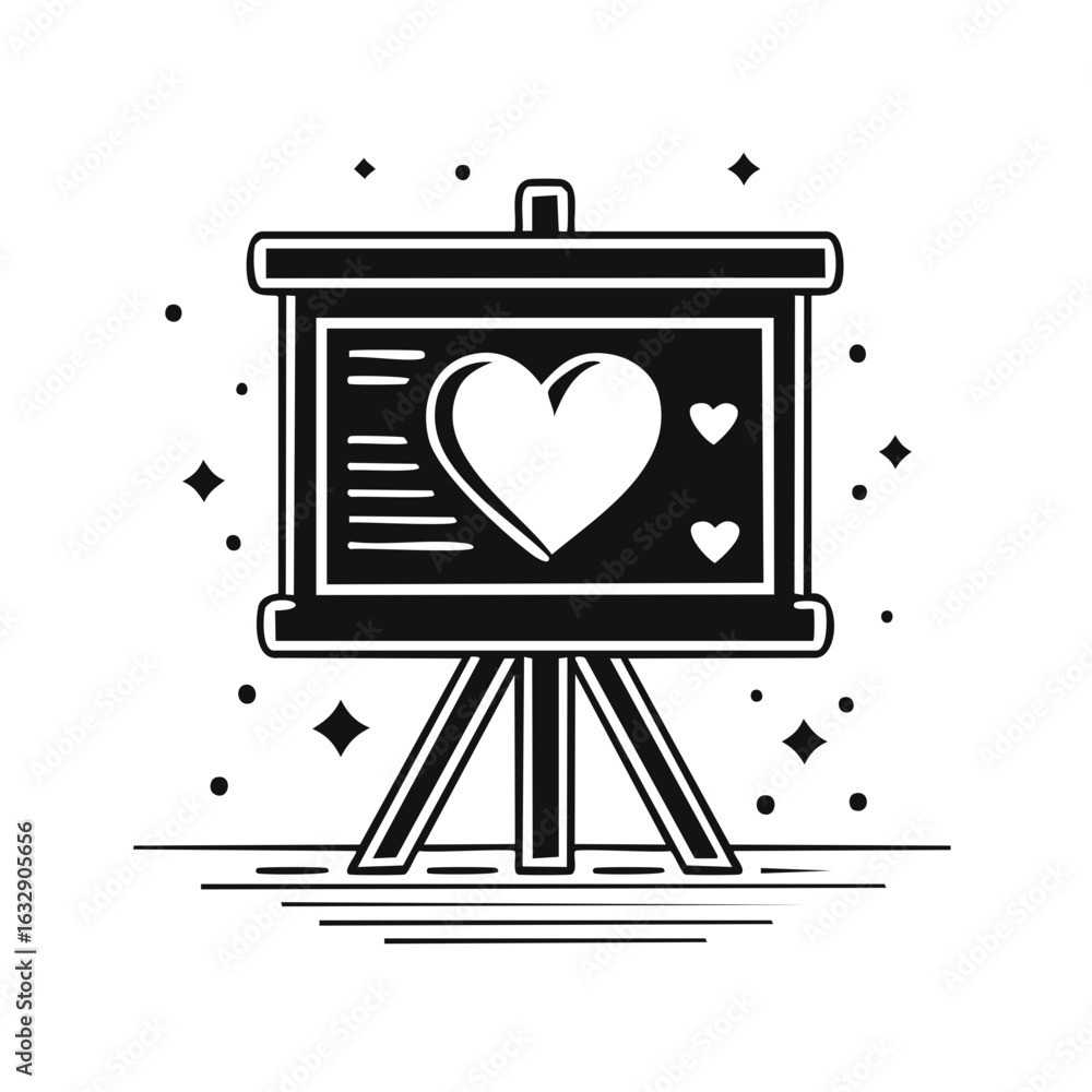 Poster easel presentation board with heart icon and data points representing love and feedback