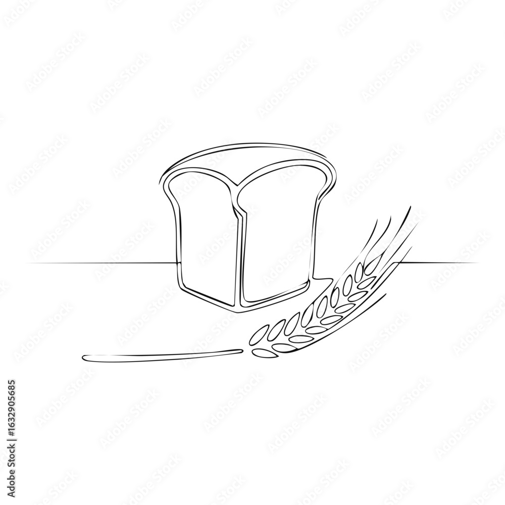 Poster minimalist continuous line drawing of sliced bread and wheat grains bakery concept