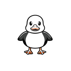 Fototapeta premium Cute cartoon duckling with black and white feathers and orange feet