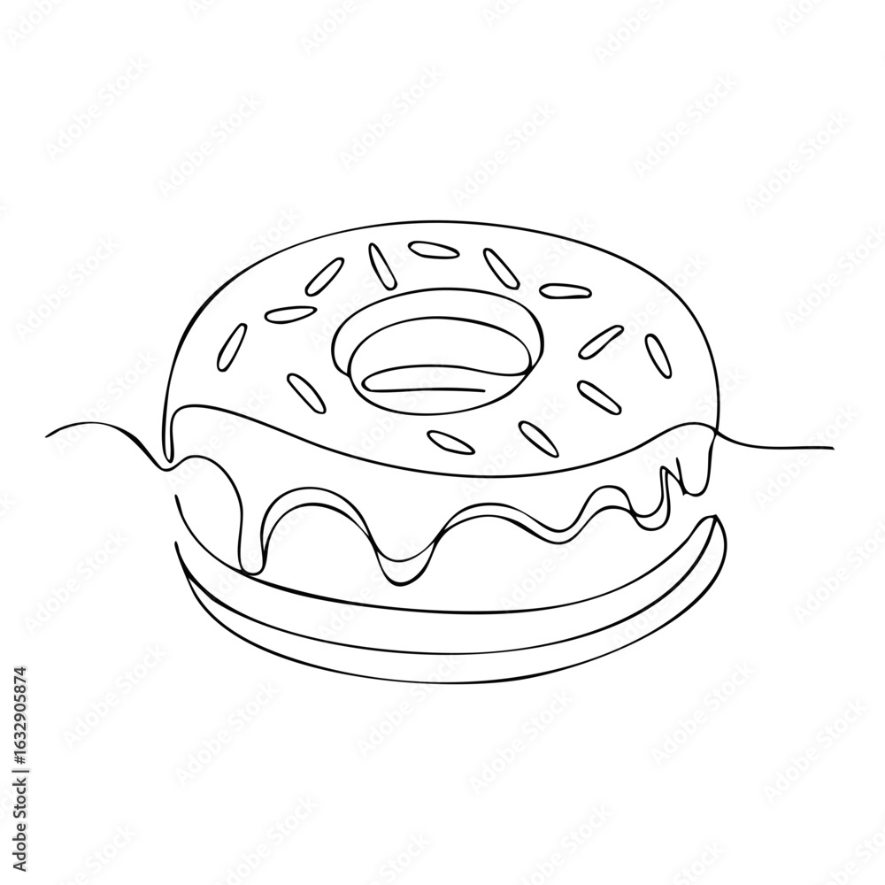 Poster minimalist continuous line drawing of a frosted donut with sprinkles and dripping glaze