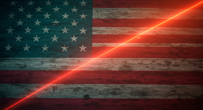 Grunge American flag with a bright red laser beam cutting across, symbolizing political conflict, technology, or security. A vintage distressed USA banner texture perfect for abstract patriotism