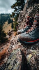 Rugged hiking boots perched on a rocky mountain trail, capturing the essence of outdoor adventure and wilderness exploration in a dramatic landscape