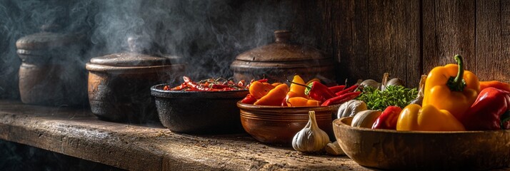 Rustic kitchen scene captures the essence of traditional cooking with steaming clay pots, vibrant peppers, and fresh herbs on an aged wooden surface