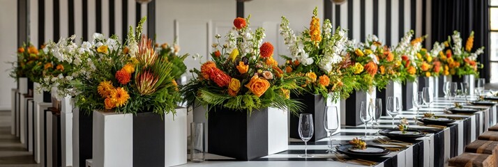 Elegant dining table adorned with vibrant floral centerpieces featuring orange roses, yellow wildflowers, and lush greenery against a striped black and white backdrop
