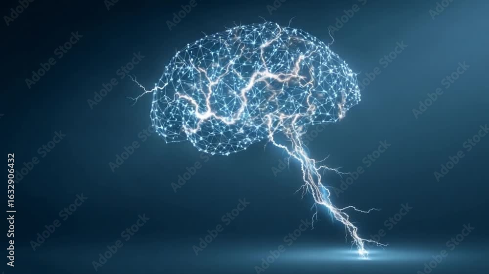 Poster an abstract depiction of a brain formed from interconnected nodes and lines, with a lightning bolt e