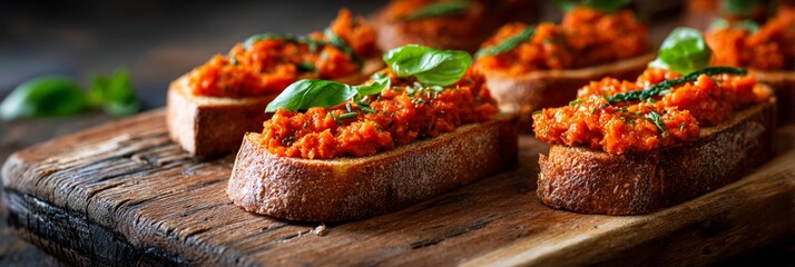 Rustic bruschetta with vibrant tomato topping and fresh basil, showcasing Italian appetizer elegance on a weathered wooden serving board with rich, appetizing colors