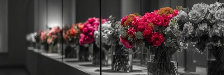 Elegant row of vibrant red and pink roses in glass vases, creating a striking contrast against a monochromatic background of soft grays and blacks