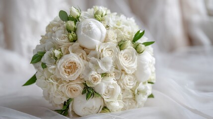 Elegant white bridal bouquet of soft peonies, garden roses, and delicate greenery, symbolizing pure romance and timeless wedding day beauty