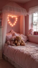 Romantic pink bedroom with soft lighting, heart-shaped fairy lights, and plush teddy bears creating a cozy, dreamy atmosphere of childhood comfort and love