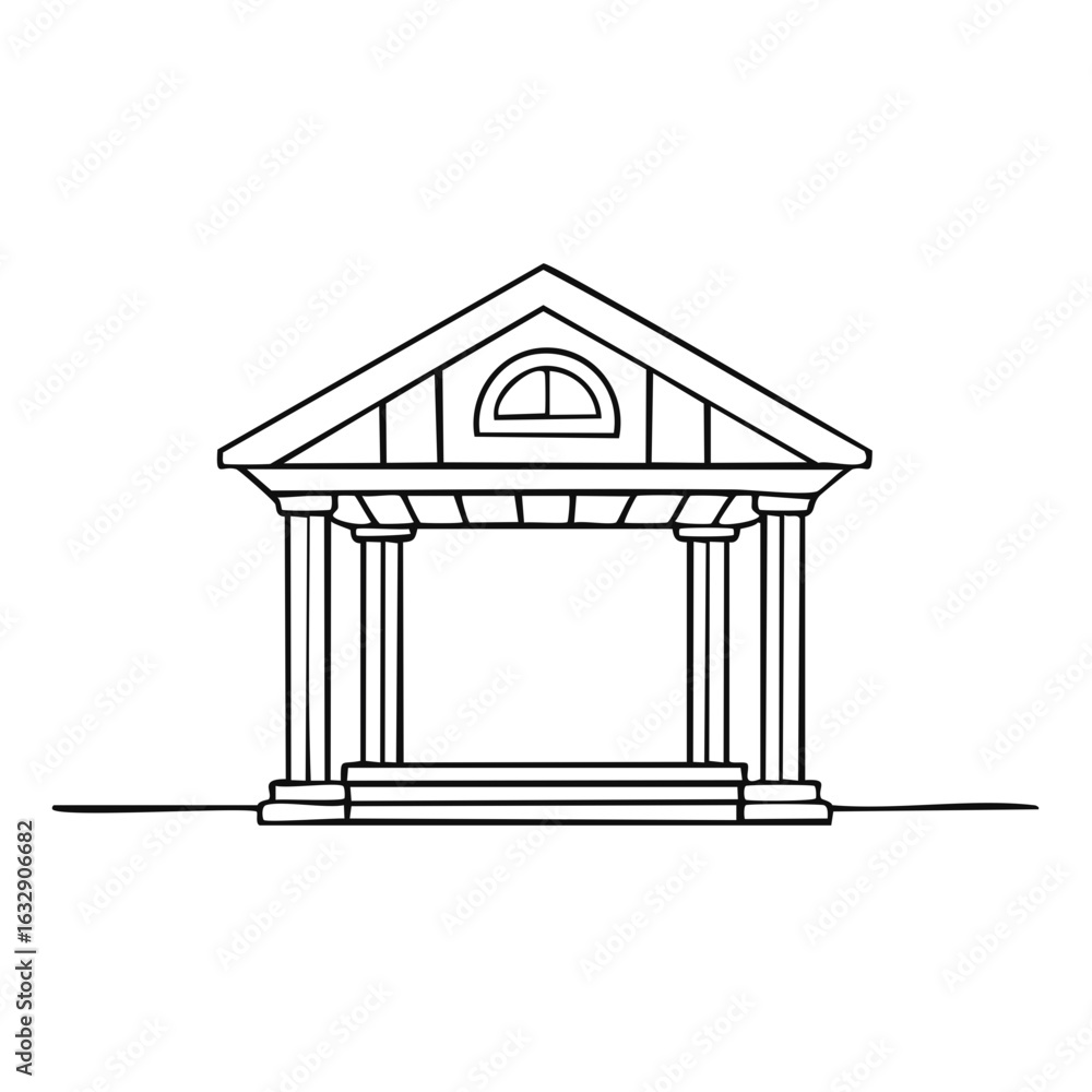 Poster line art of classic structure with columns and roof design on white background