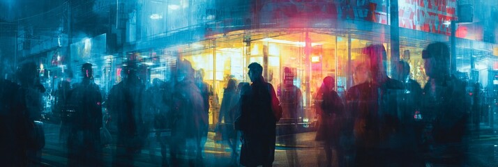 Neon-drenched urban nightscape captures bustling city street with silhouetted figures moving through vibrant blue and red illuminated storefront atmosphere