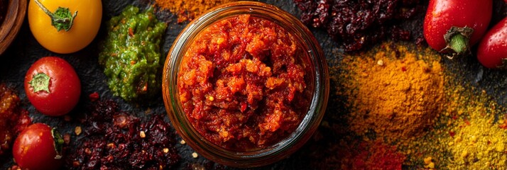 Vibrant culinary composition showcasing homemade spicy tomato salsa or harissa in glass bowl, surrounded by fresh vegetables and aromatic ground spices in rich, warm color palette