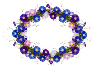 A wreath of vibrant morning glory flowers in shades of blue, purple, pink, and white, arranged in an oval shape against a transparent.