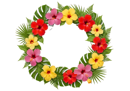 A vibrant wreath of red, pink, and yellow hibiscus flowers interspersed with tropical green leaves, arranged in a circular pattern against a transparent.