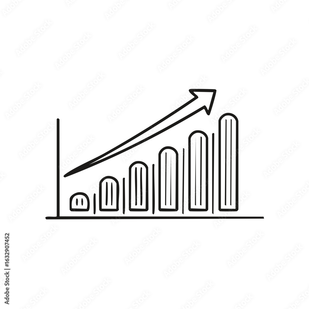 Poster hand drawn bar graph with upward trending arrow representing growth and progress