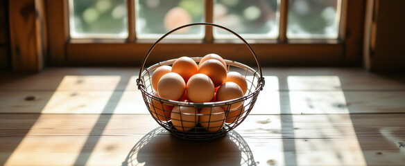A basket of fresh brown eggs sits by a sunlit window on a wooden table.