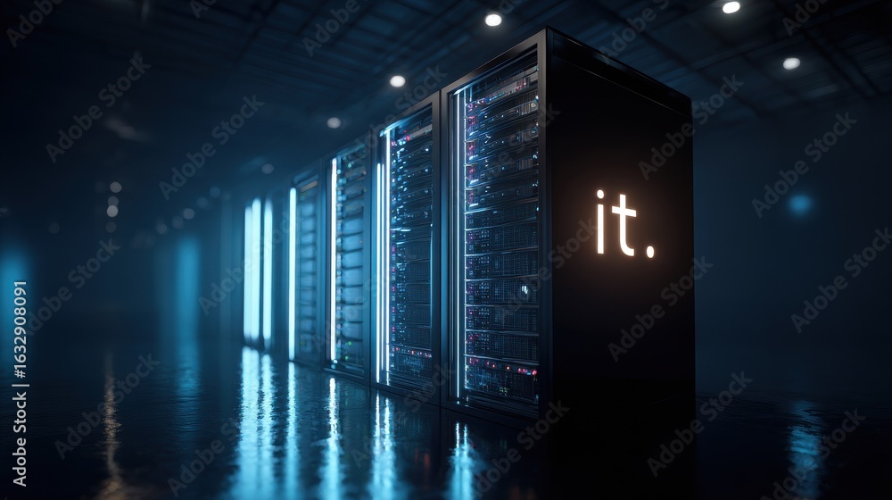Poster rows of sophisticated server racks illuminated by blue lights in a dark high tech data center showca