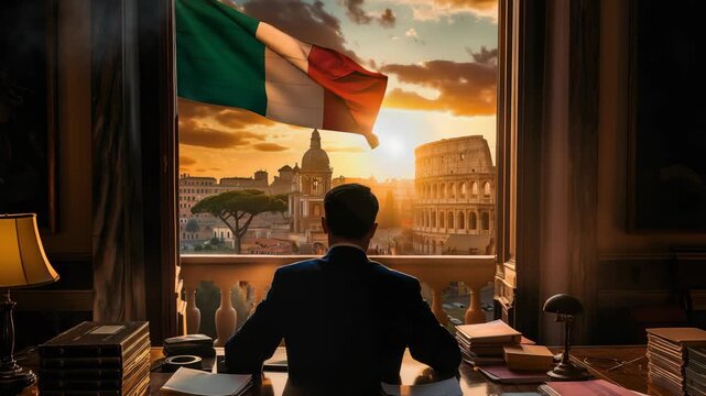 Figure looks out over Rome. Italian flag waves gently at sunset, with Colosseum, city stretching into distance. scene is captured from inside study.