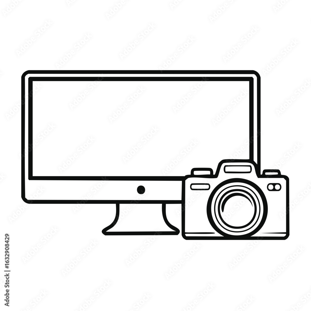 Aufkleber digital camera and computer monitor outline icons for photography and editing