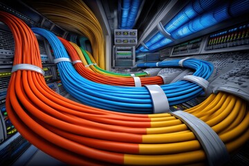 Vibrant cables twist and turn within a modern data center, showcasing intricate connections at the heart of technology