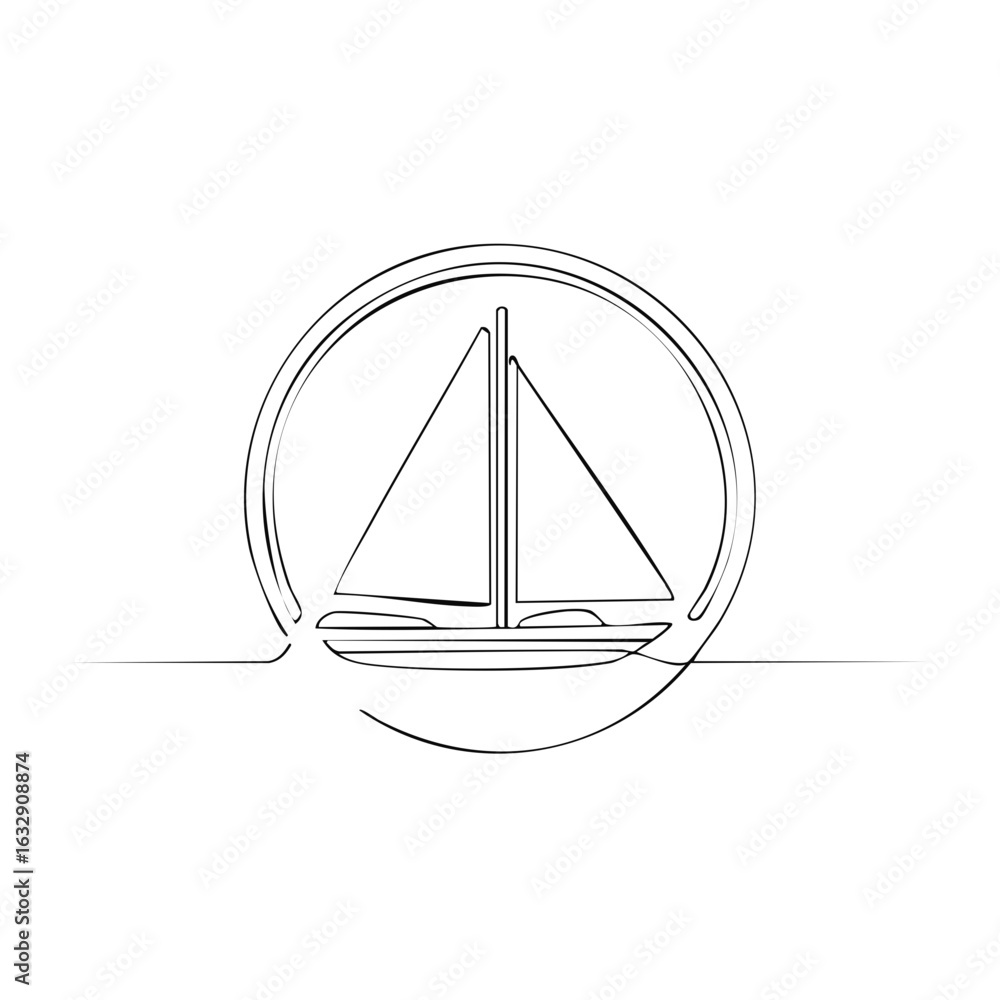 Poster minimalistic sailboat continuous line drawing of sailing boat in a circle