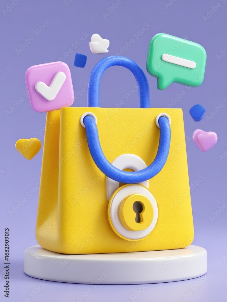 Poster creative depiction of a secure shopping bag with digital communication icons in a colorful design