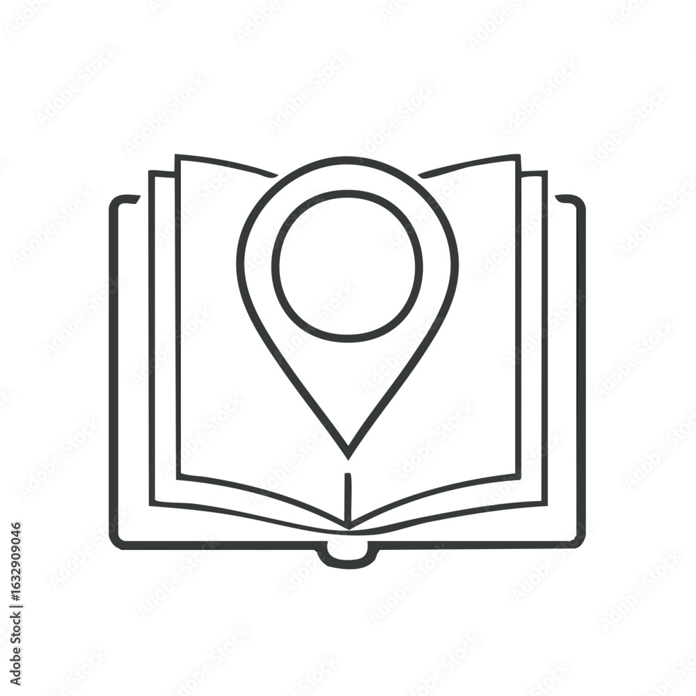 Poster open book marked with location pin icon outlines navigation and knowledge