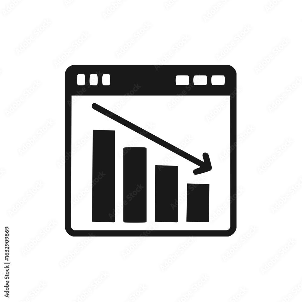 Poster falling stock graph icon displaying downward trend and financial loss within a window frame