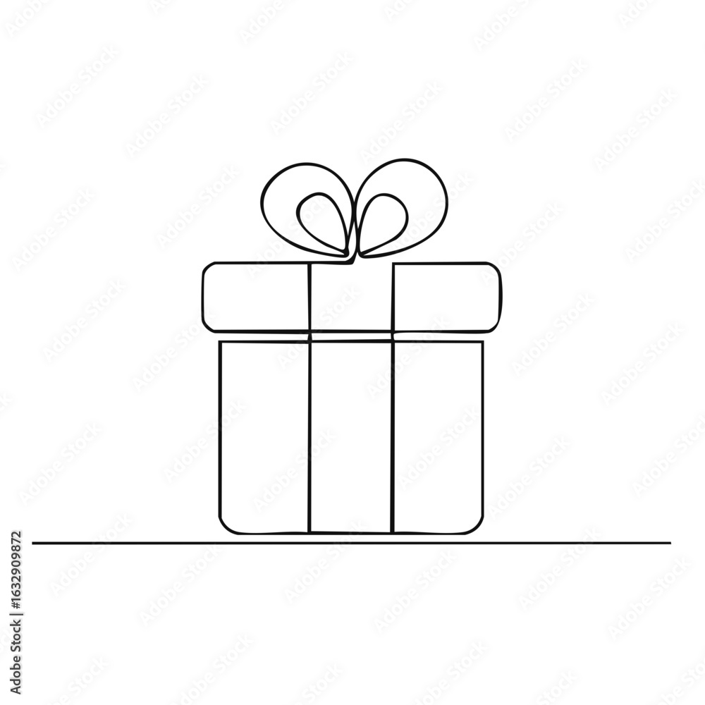 Poster Simple continuous line drawing of a gift box with a ribbon bow and on a horizontal line