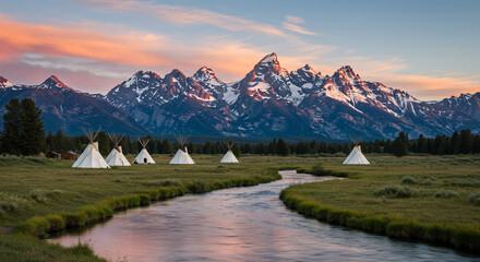 Fototapeta premium Majestic Grand Teton mountains at sunrise, reflecting alpenglow over a winding river, with traditional white tipis dotting the lush green meadow. A serene wilderness scene for travel and nature