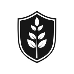 Shield with plant emblem logo, eco design, farm, protection symbol vector art, black and white