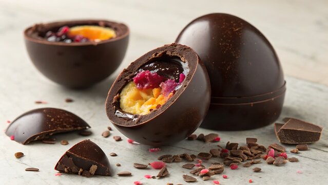 A delectable display of chocolate spheres filled with colorful fruit and creamy delights on a marble surface