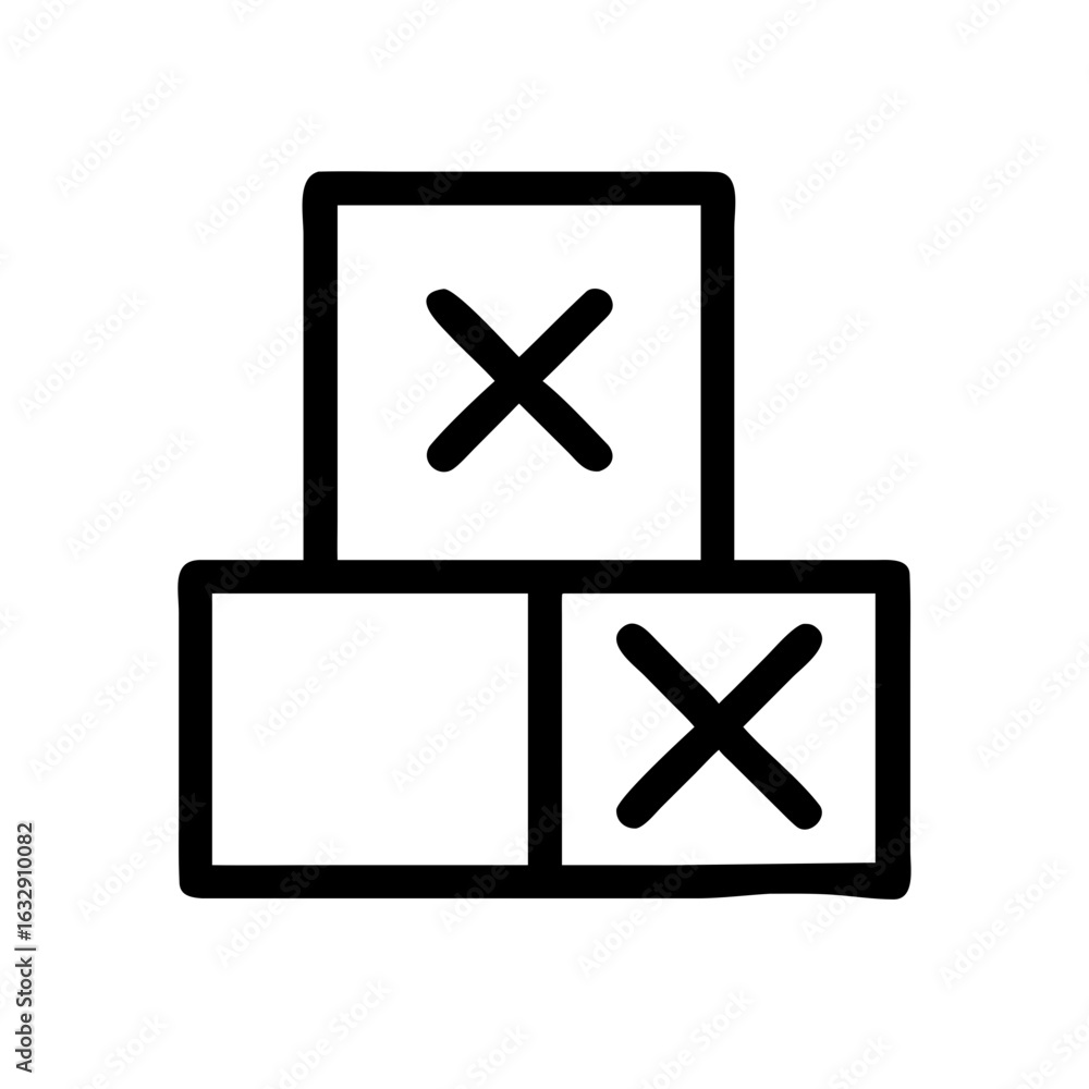 Poster illustration of three stacked square blocks with crosses inside two of them in black outline style