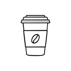 Simple outline drawing of a disposable coffee cup with a lid and coffee bean symbol