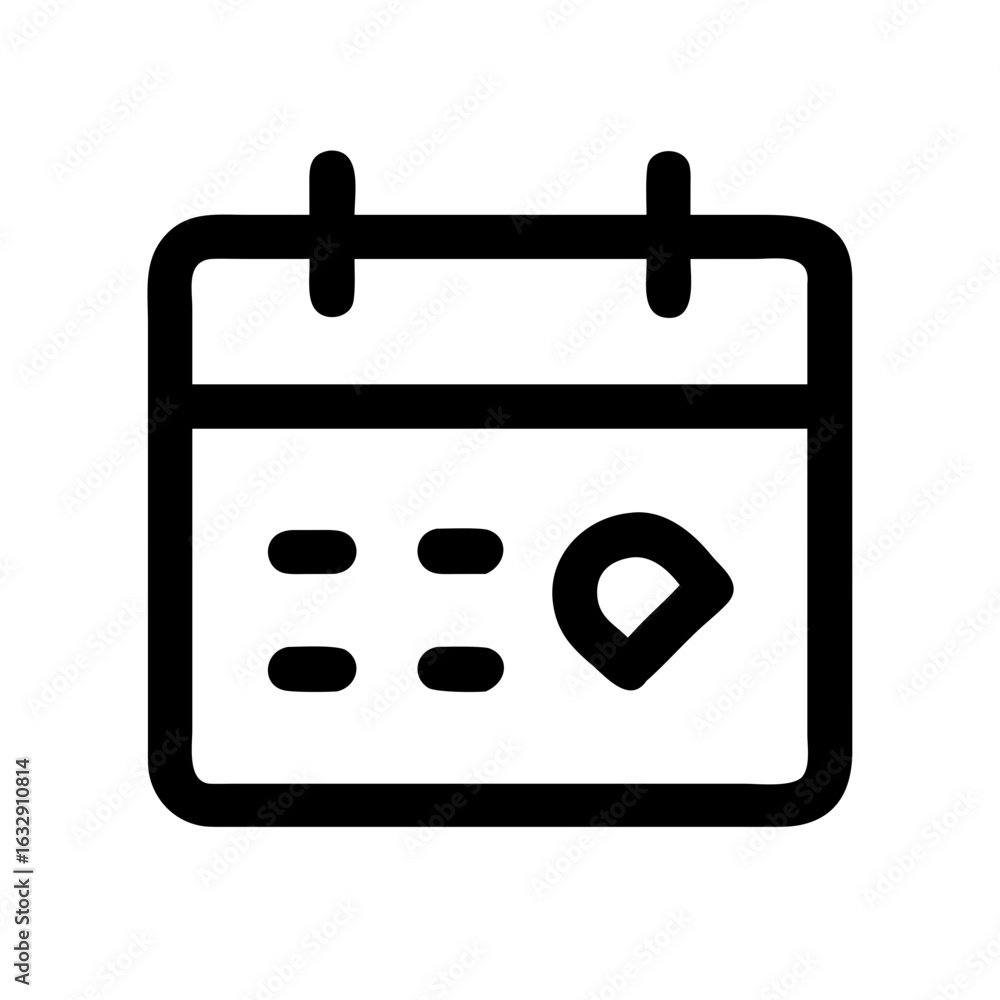 Poster black outline of a calendar icon with a tear off sheet and dots representing days on a white backgro