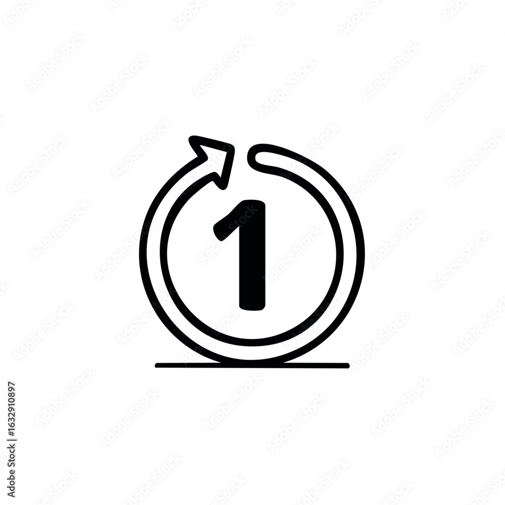 Poster first step icon with circular arrow around number one illustrating a new beginning or restart