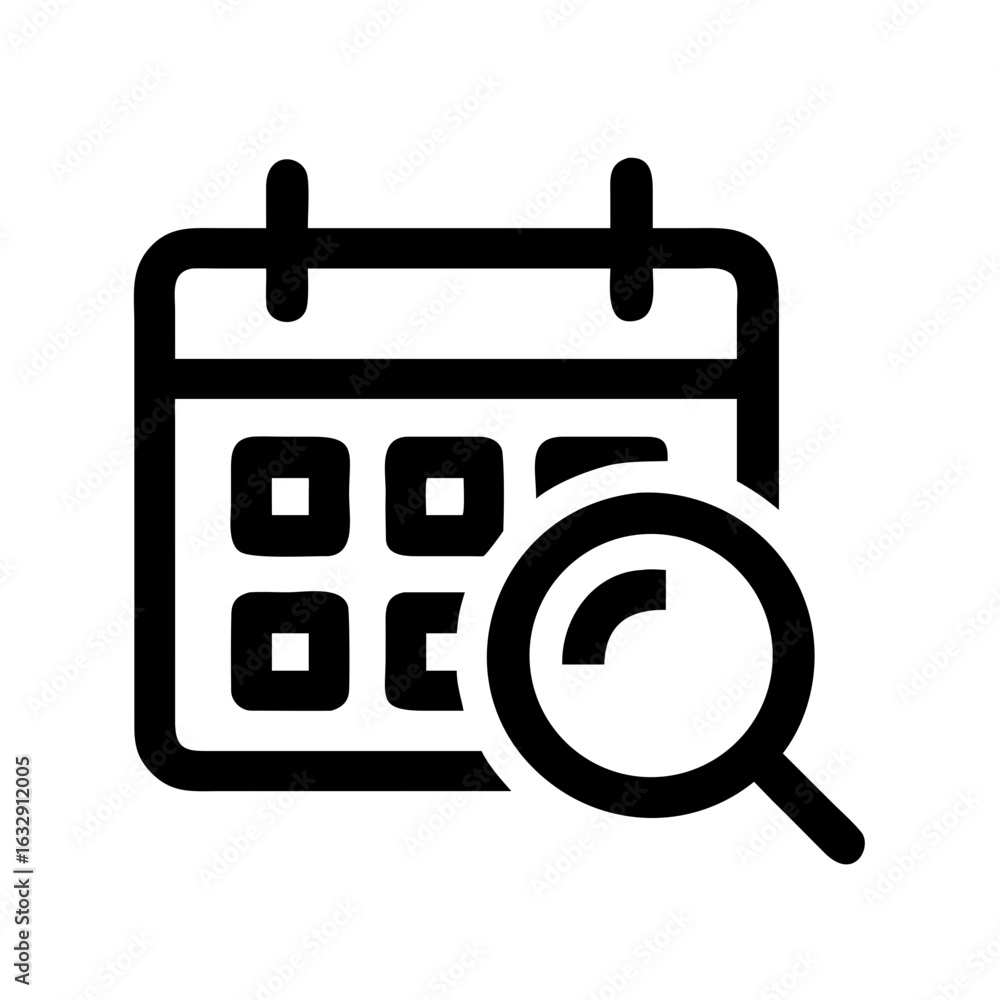 Poster black outline of a calendar with square dates and a magnifying glass in front of the calendar icon d