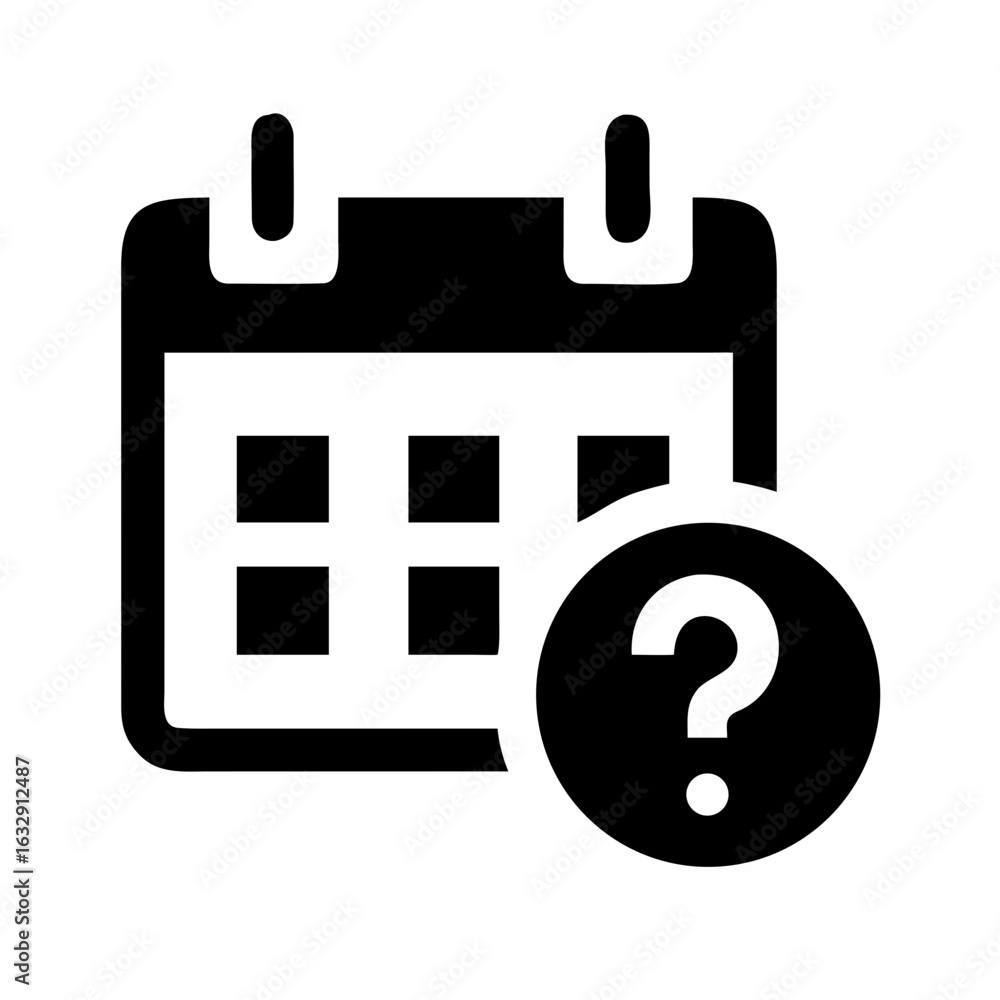 Poster black calendar icon with question mark overlay indicating uncertain schedule or appointment date pla
